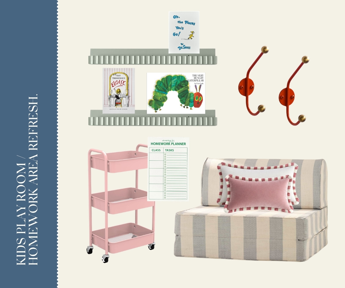 Styling kids' playroom/homework refresh collage.