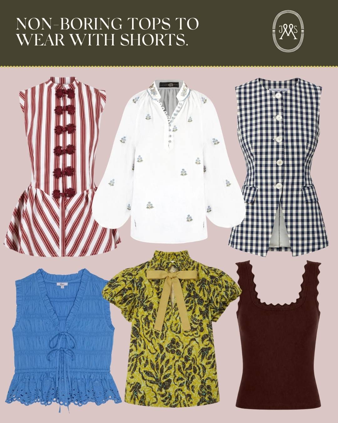 Non-boring tops to wear with shorts collage.