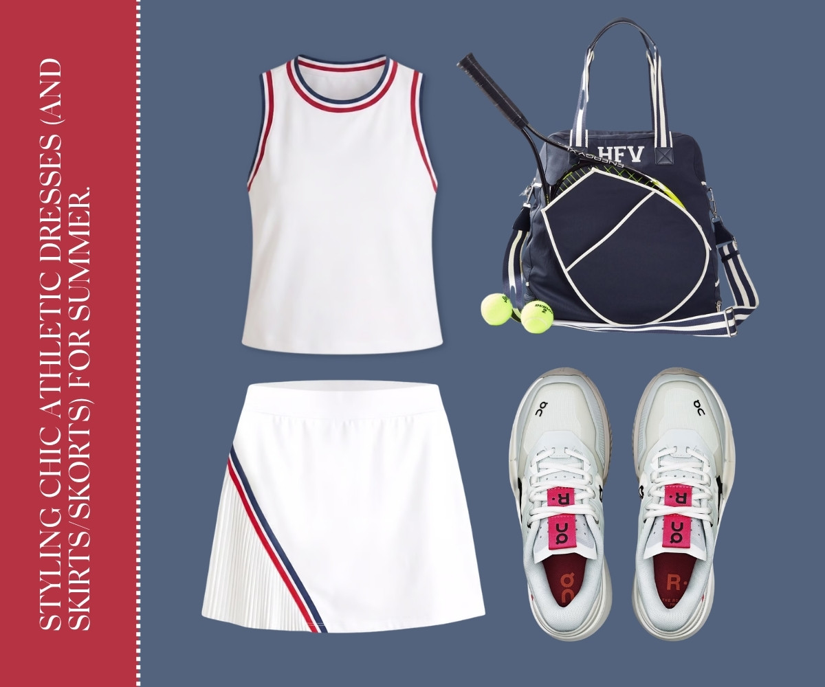 Styling chic athletic dresses (and Skirts/Skorts) for summer collage.