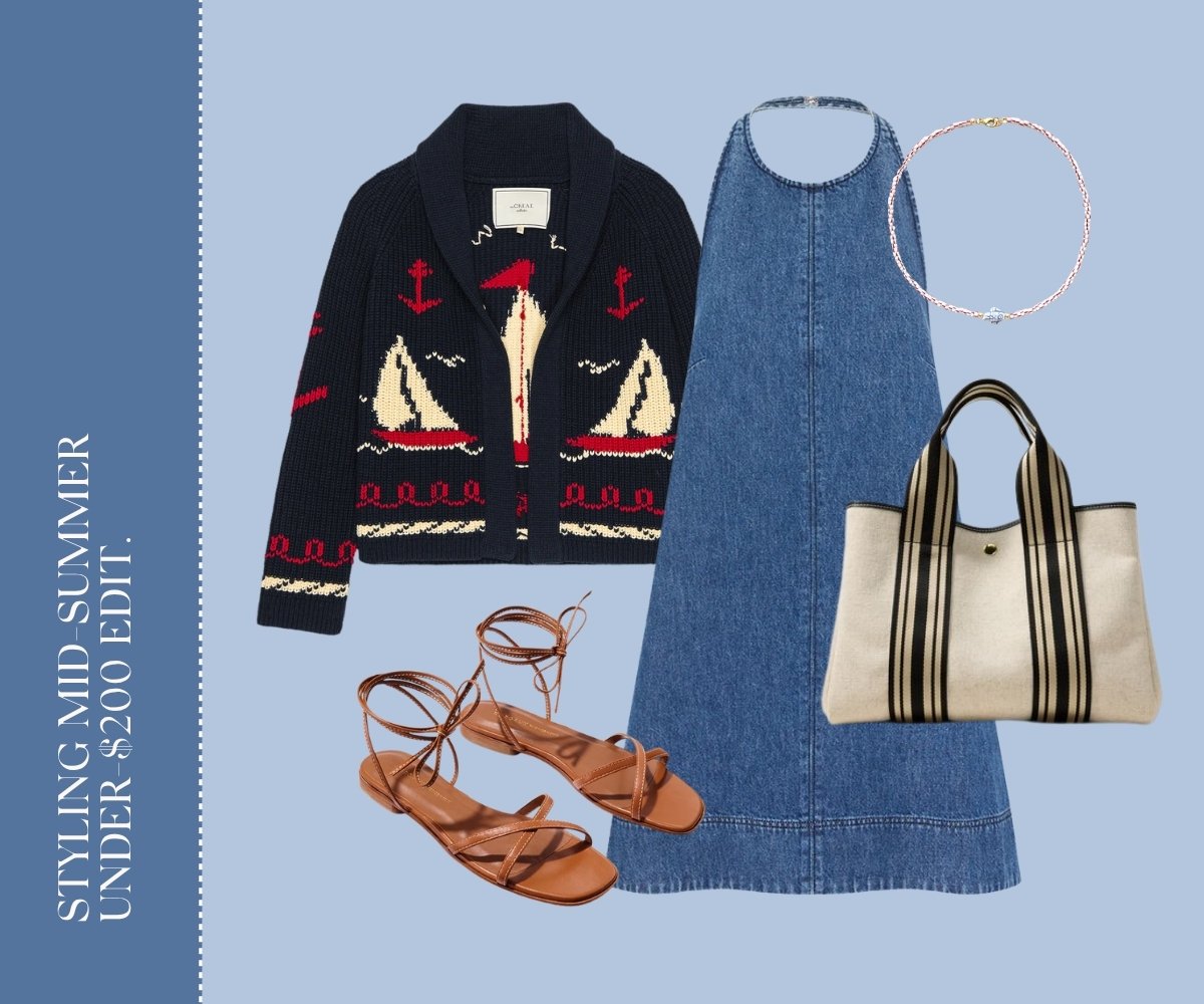 Styling mid-summer under-$200 edit collage.