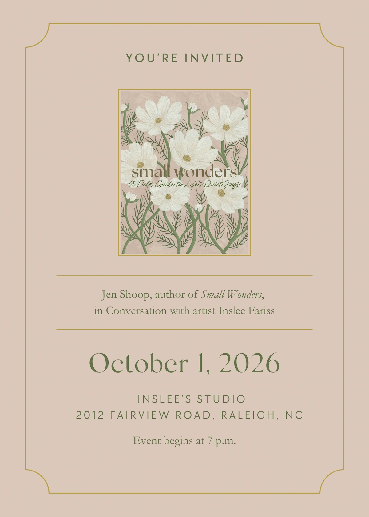 Invitation to Jennifer Shoop’s Small Wonders conversation with artist Inslee Fariss in Raleigh on October 1, 2026.