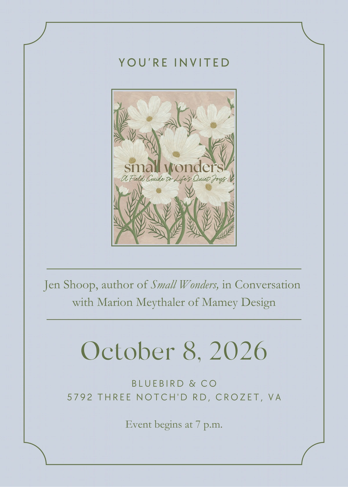 Invitation to Jennifer Shoop’s Small Wonders conversation with Marion Meythaler in Crozet on October 8, 2026.