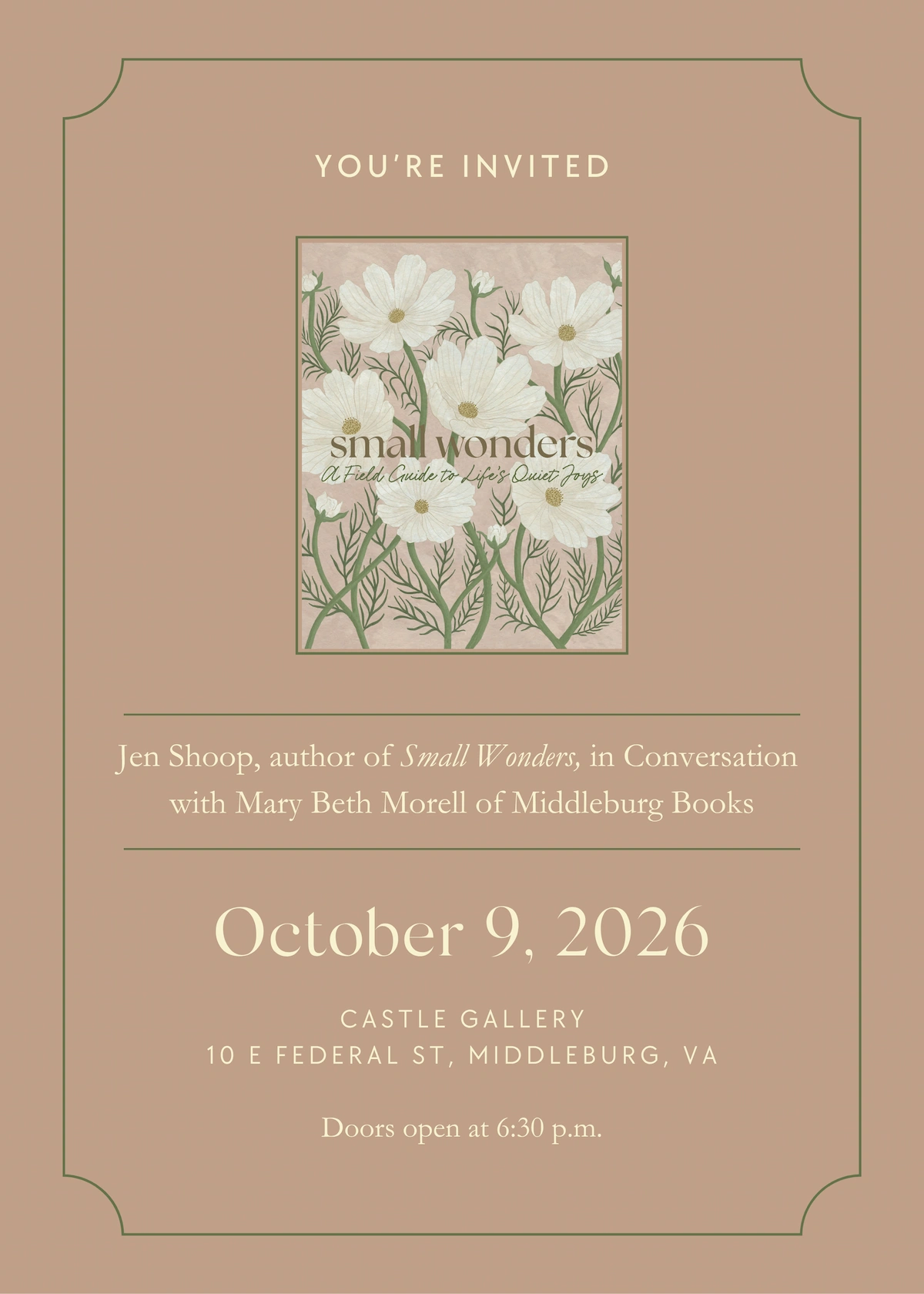 Invitation to Jennifer Shoop’s Small Wonders conversation with Mary Beth Morell in Middleburg on October 9, 2026.