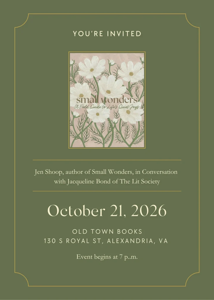 Invitation to Jennifer Shoop’s Small Wonders conversation with Jacqueline Bond in Alexandria on October 21, 2026.