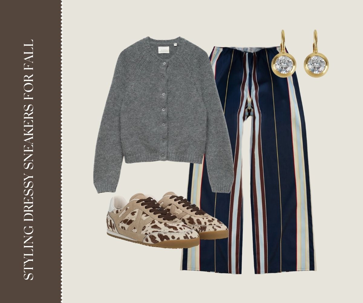 Styling dressy sneakers for fall collage.
