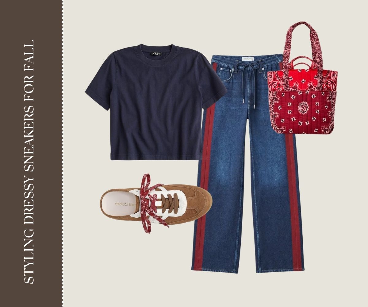Styling dressy sneakers for fall collage.