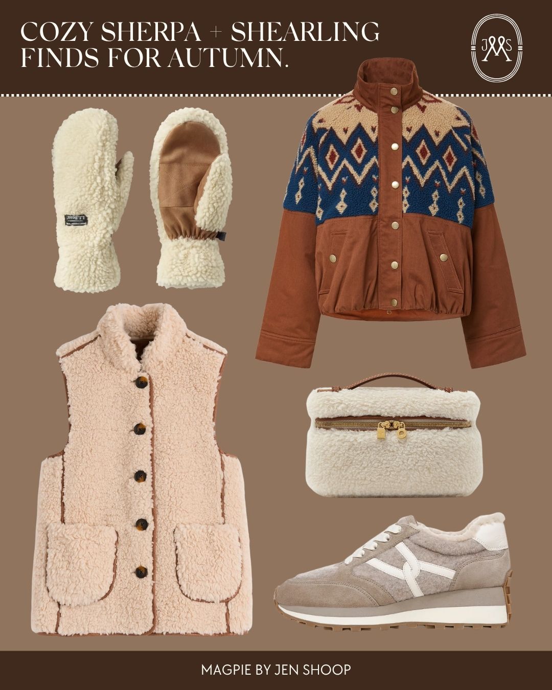 Cozy sherpa + shearling finds for autumn collage.