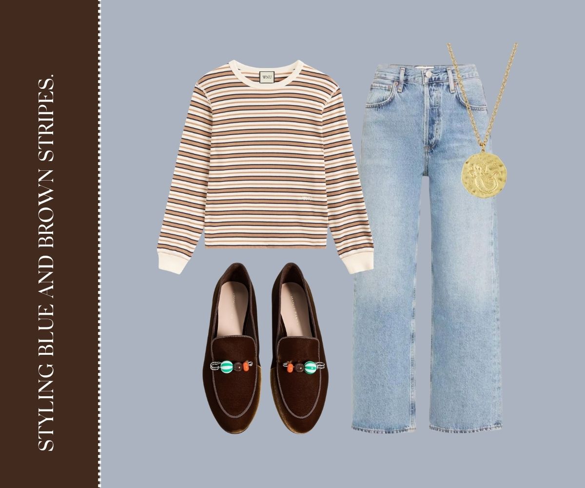Styling blue and brown stripes collage. 